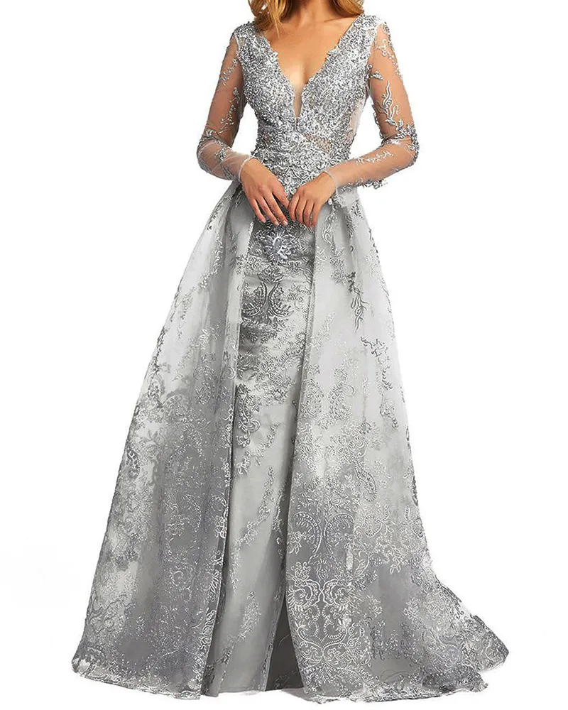 V-neck mesh embroidered maxi dress