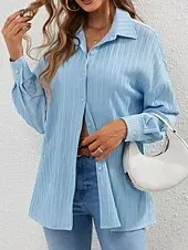 Women's Shirt Texture Blouse Plain Daily Stylish Basic Long Sleeve Shirt Collar Regular Tops Work Daily Holiday Buttons Blue Spring Fall