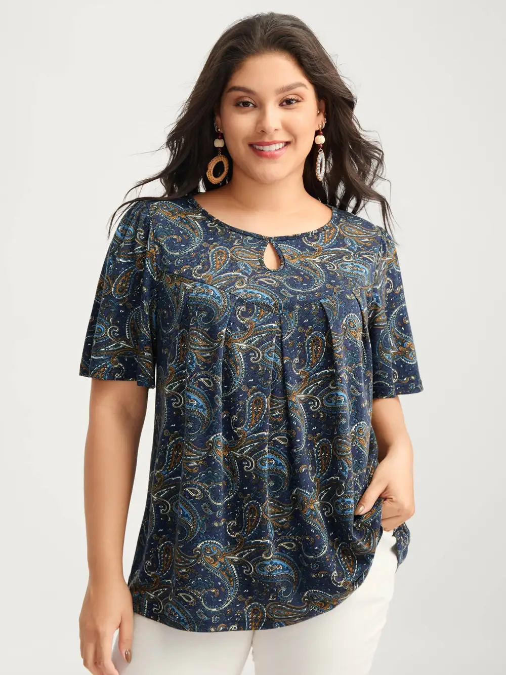 Paisley Print Neck Cut-Out Pleated Top