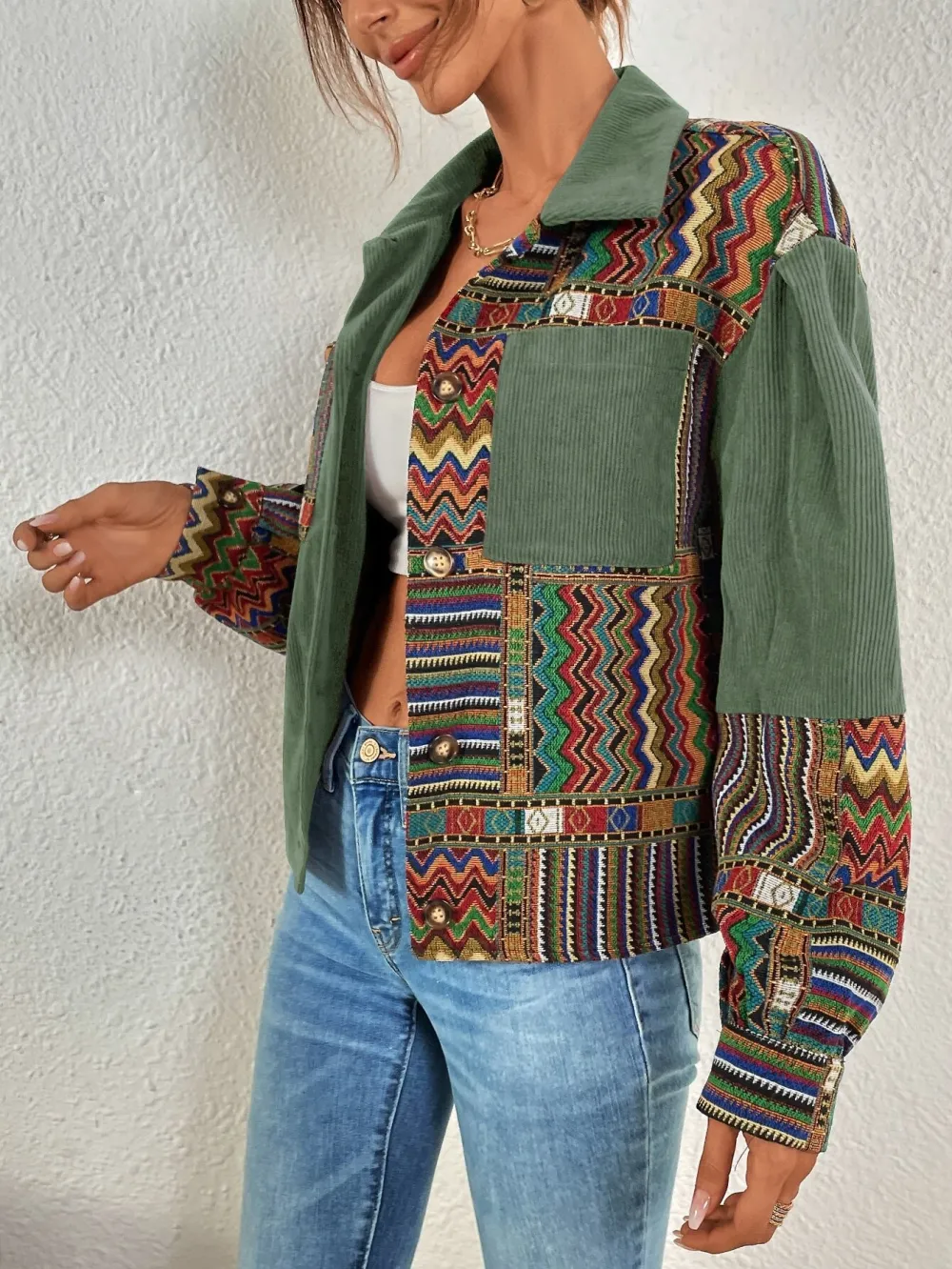 Geo Print Drop Shoulder Corduroy Jacket