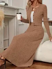 Women's 2pcs Set, Casual Crew Neck Long Sleeve Knit Cardigan And Maxi A-Line Dress, Solid Color Polyester Knit Fabric, Stretch Fit, Fall/Winter Collection