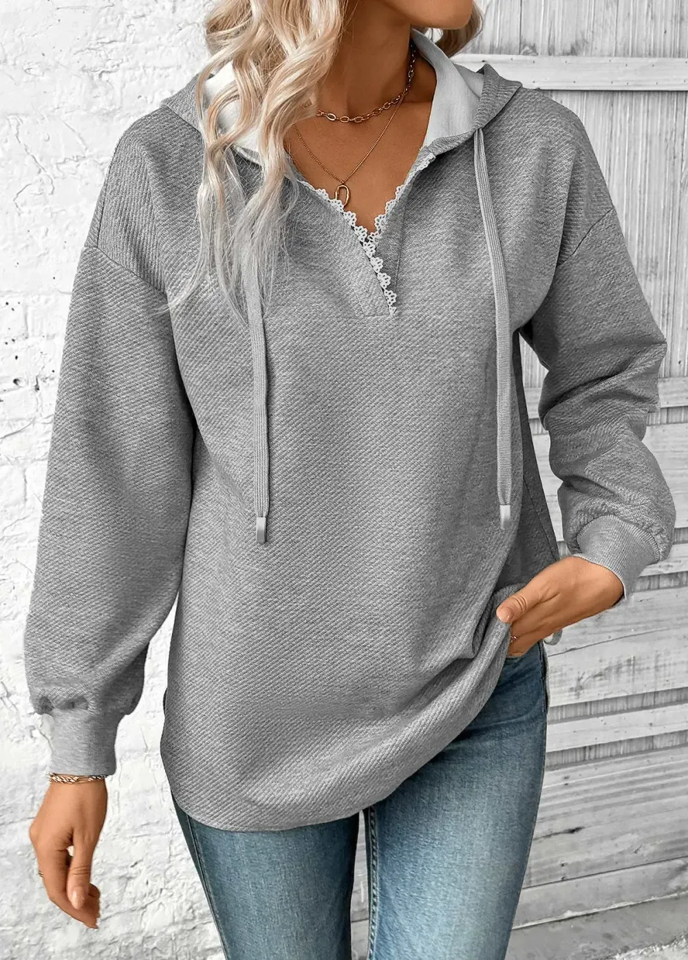 Grey Embroidery Jacquard Long Sleeve Hoodie