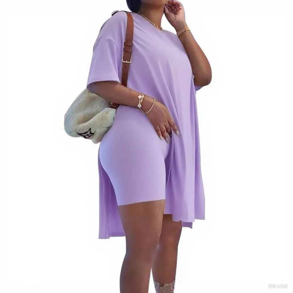 Women Plus Size 2 - Piece Outfits: Crewneck Short Sleeve Tunic & Skinny Biker Shorts Sets