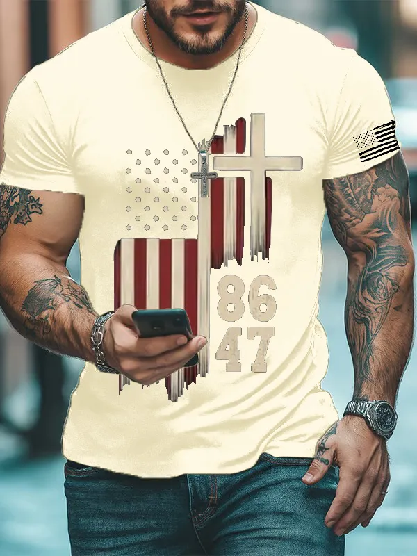 Men'S T-Shirt Men'S Retro 8647 Print Casual Round Neck T-Shirt