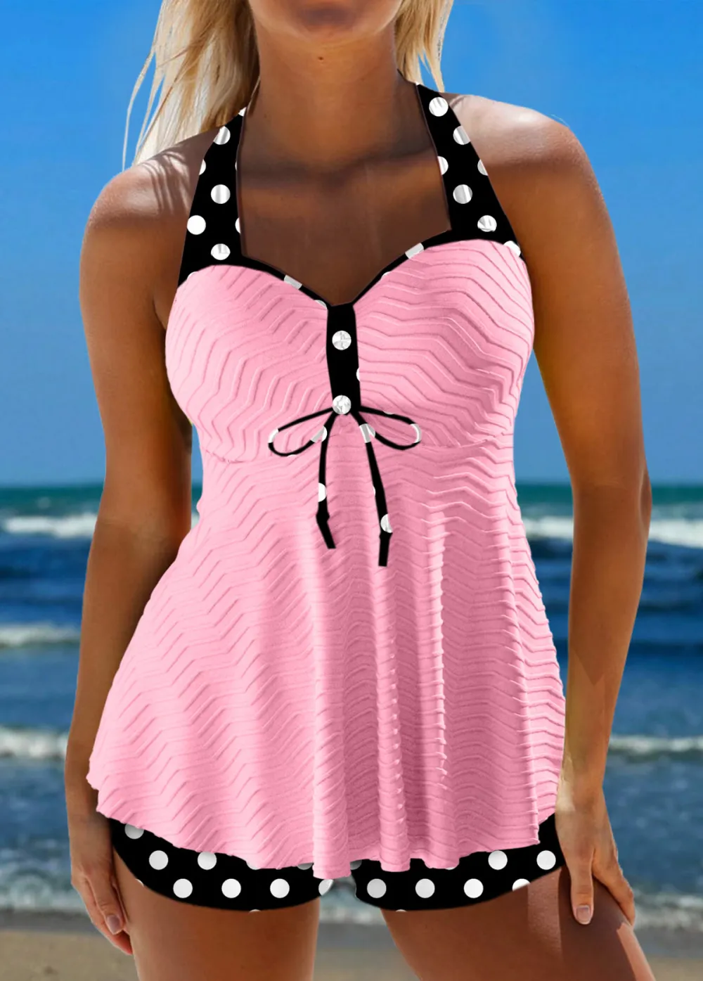 Jacquard White Polka Dot Tankini Set