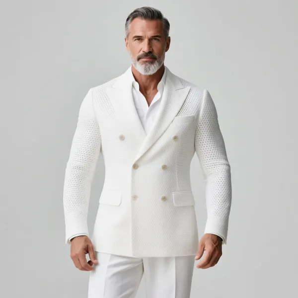 Men's Peaked Lapel Double Breasted Long Sleeve Hollow Out Knit Blazer