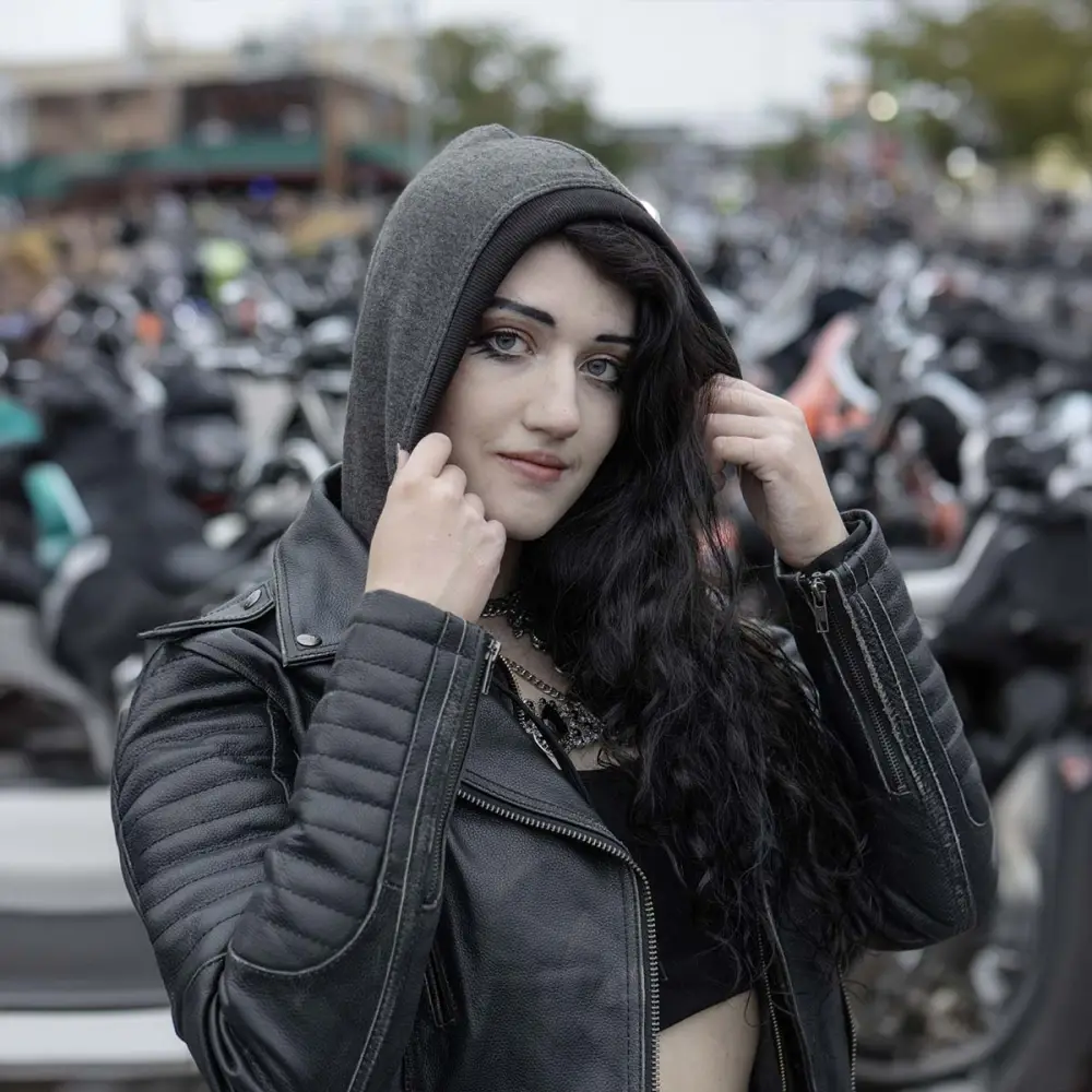 Leather MLL2516 Black Leather Rub-Off Leather Jacket with Hoodie for Women
