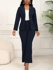 Two-Piece Elegant Suit Set - Lapel Collar, Mid-Elastic Polyester Fabric, Machine Washable, Solid Color, No Printing, Middle East Style - Womens Clothing for All Seasons