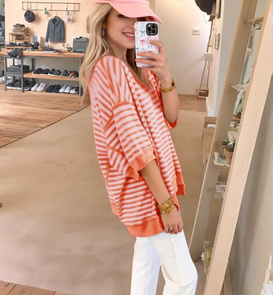 ✨Womens Oversized Striped Color Block Casual Half Sleeve Tops