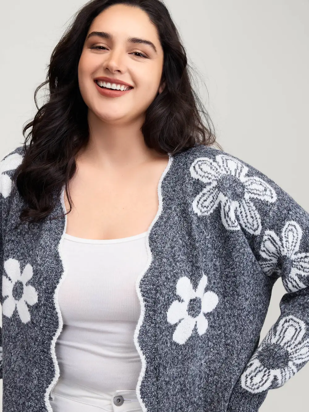 Floral Pattern Open-Front Knitted Cardigan
