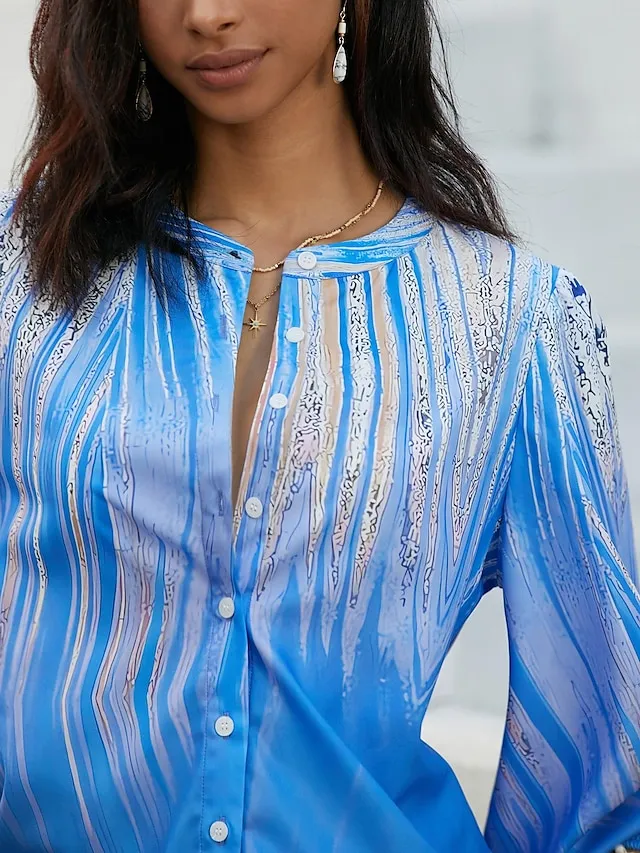 Women's Shirt Blouse Graphic Button Print Casual Fashion Long Sleeve Standing Collar Blue Spring &  Fall