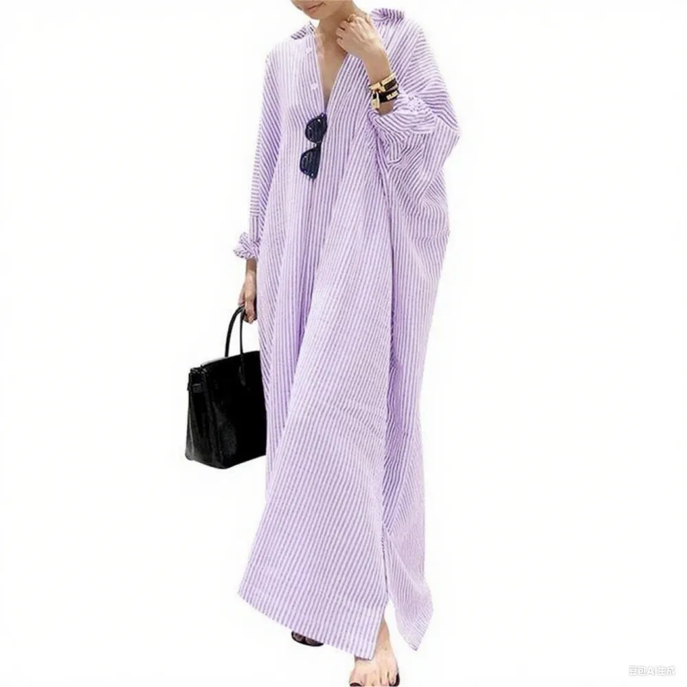 Women's Striped Cotton Maxi Shirt Dress – Casual Loose Fit, Long Sleeve, Button Down