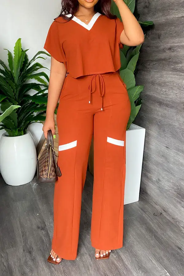 Patchwork Casual Lace-Up Pant Set