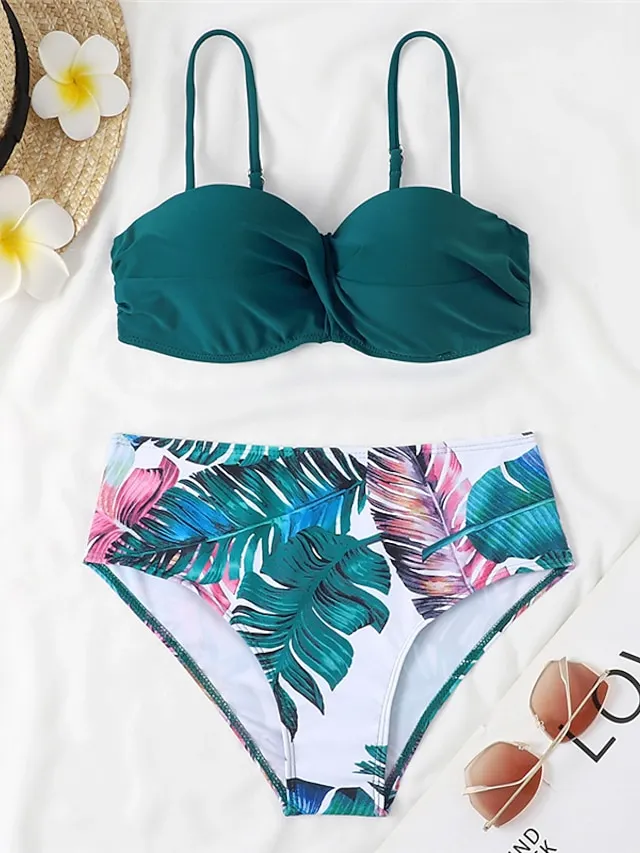Women's Swimwear Bikini 2 Piece Normal Swimsuit 2 Piece Open Back Sexy Printing High Waisted Floral Leaves Black Yellow Navy Blue Royal Blue Blue Strap Bathing Suits Sexy Vacation Fashion
