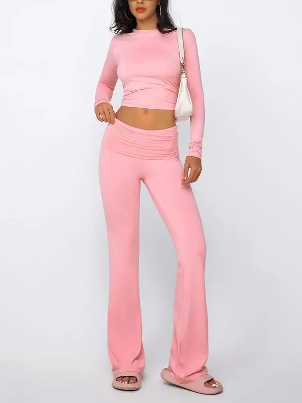 Women's Summer 2-Piece Set: Long-Sleeve Crop Tee + Fold-Over Waist Flare Leg Pants (Casual Elegant)