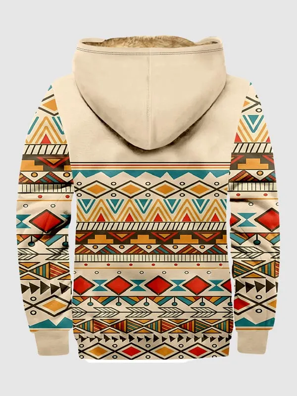 Men's Ethnic Fleece Full Zip Retro Print Hoodie Jacket