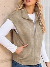 Women's Sweater Sweater Vest Streetwear Casual Solid Color Shirt Collar Zipper Pocket Knitted Sleeveless Regular Tops Knit Daily Holiday Going out Black White Fall Winter