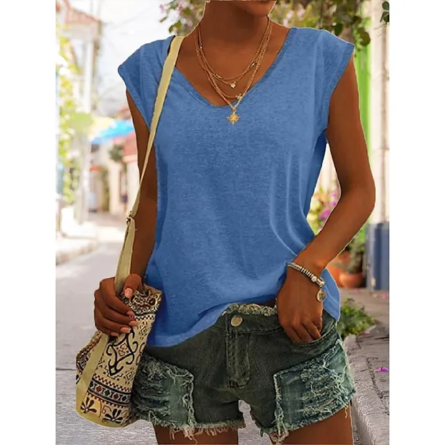 Women‘s Blouse T shirt Tee Basic Plain Daily V Neck Sleeveless Regular Summer Green White Black Blue Pink