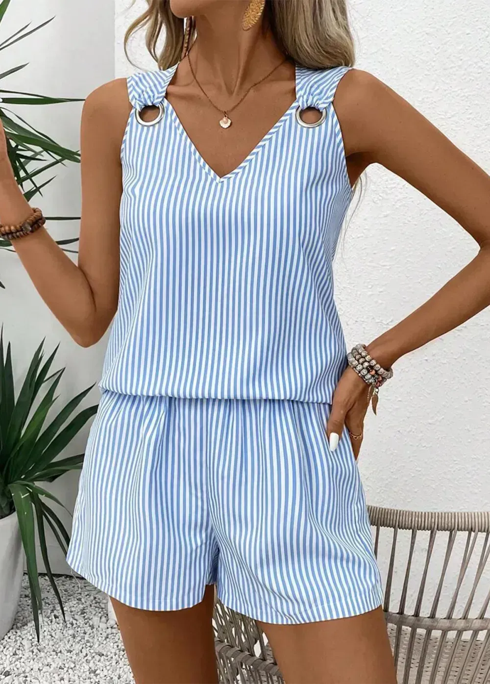Sky Blue Eyelet Striped Sleeveless Top and Shorts