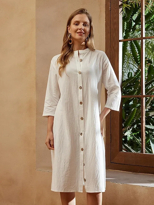 Women's Cotton Linen button down Sundress Midi Dress 3/4 Sleeve Casual Loose Fit Summer Beach Black White Green