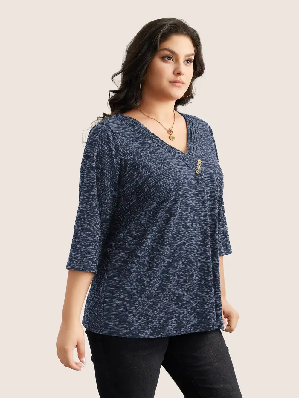 Heather Pleated Button Detail T-Shirt