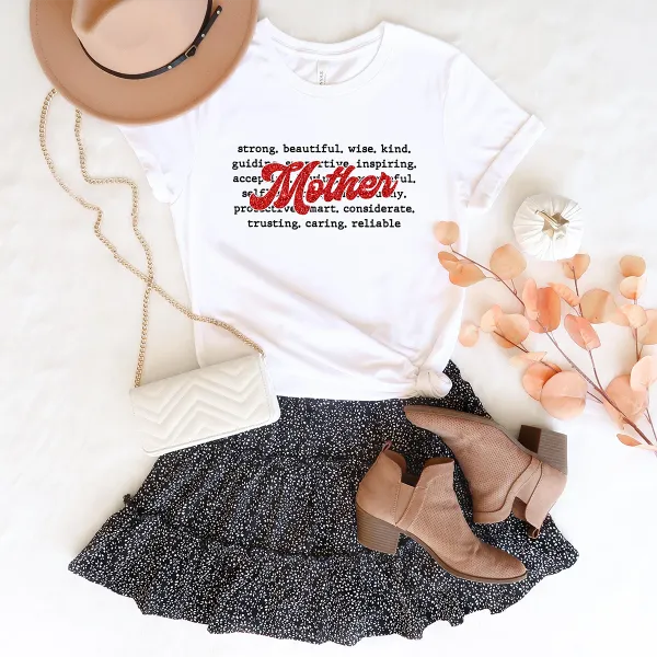 Mother Strong Beautiful Wise Kind Printed Round Neck Short Sleeve T-Shirt