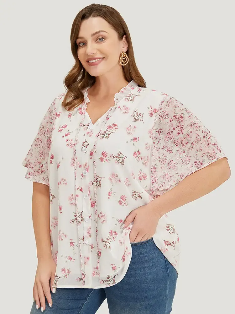 Ditsy Floral Patchwork Frill Trim Tie Neck Blouse