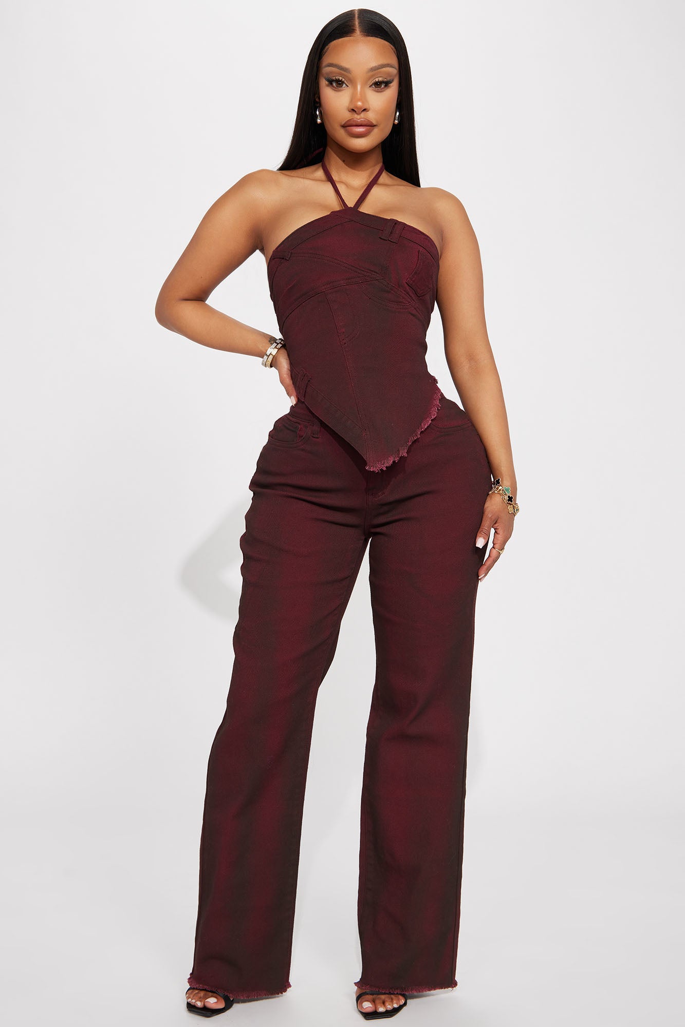Next Level Washed Denim Pant Set - Wine
