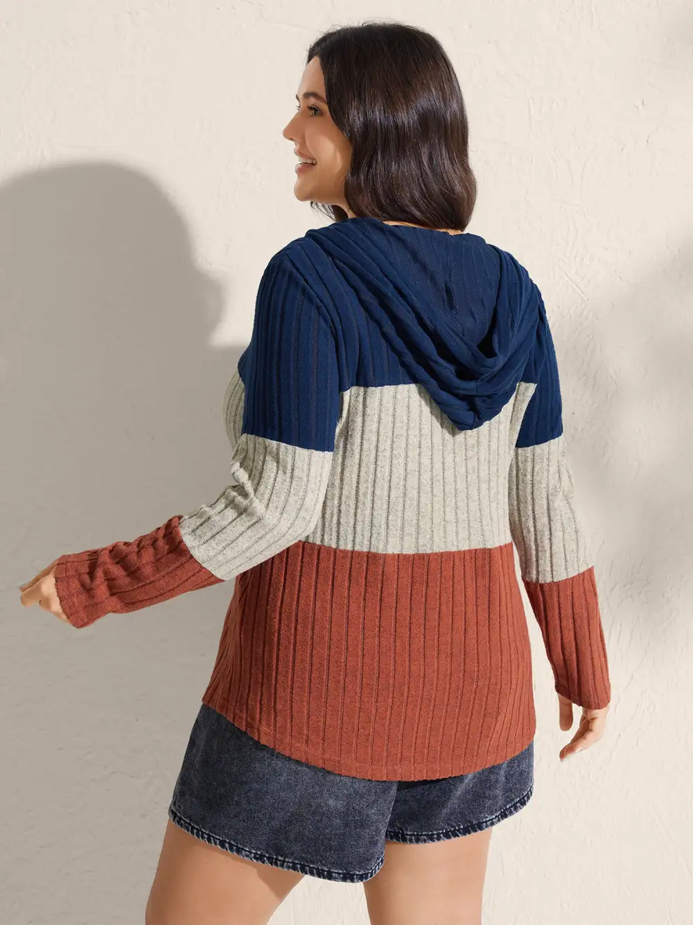 Color Block Half Zipper Ribbed Hoodie