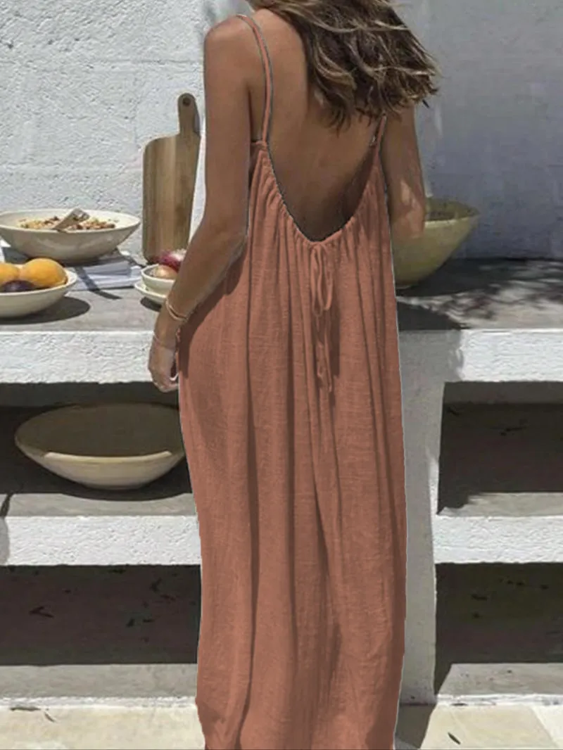 Women's Backless Cami Dress – Sleeveless Solid Color Summer Outfit