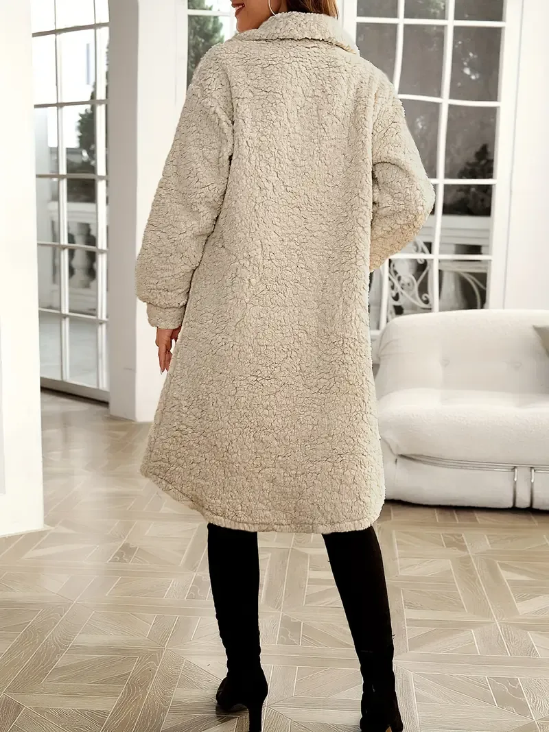 Button Front Solid Teddy Coat, Casual Long Sleeve Winter Outerwear, Women's Clothing