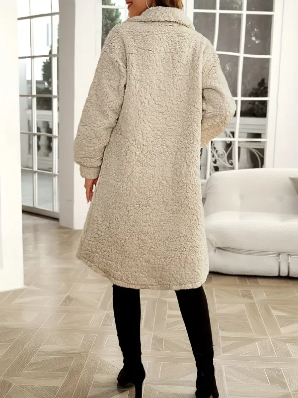 Button Front Solid Teddy Coat, Casual Long Sleeve Winter Outerwear, Women's Clothing