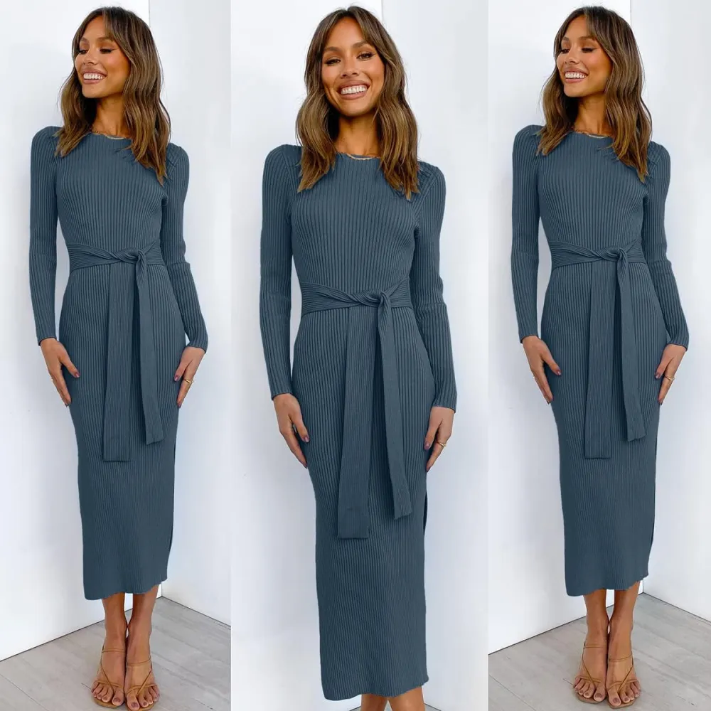 Long Sleeve Sweater Dress Crew Neck Slim Fit Slit Tie Waist 2024 Ribbed Knit Bodycon Midi Dress Fall Outfits