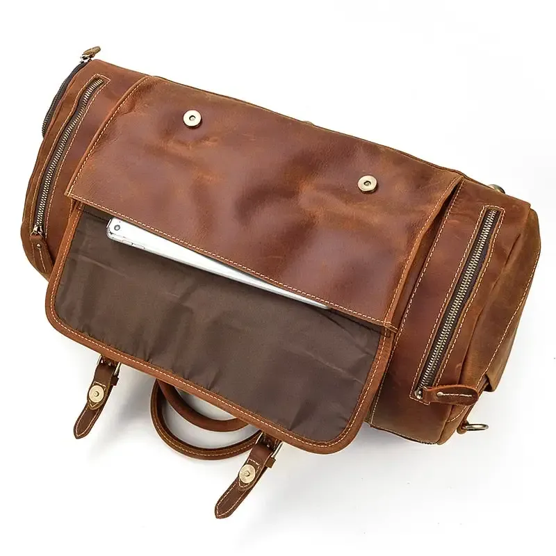 Retro Crazy Horse Leather Travel Bag with Separate Shoe Compartment