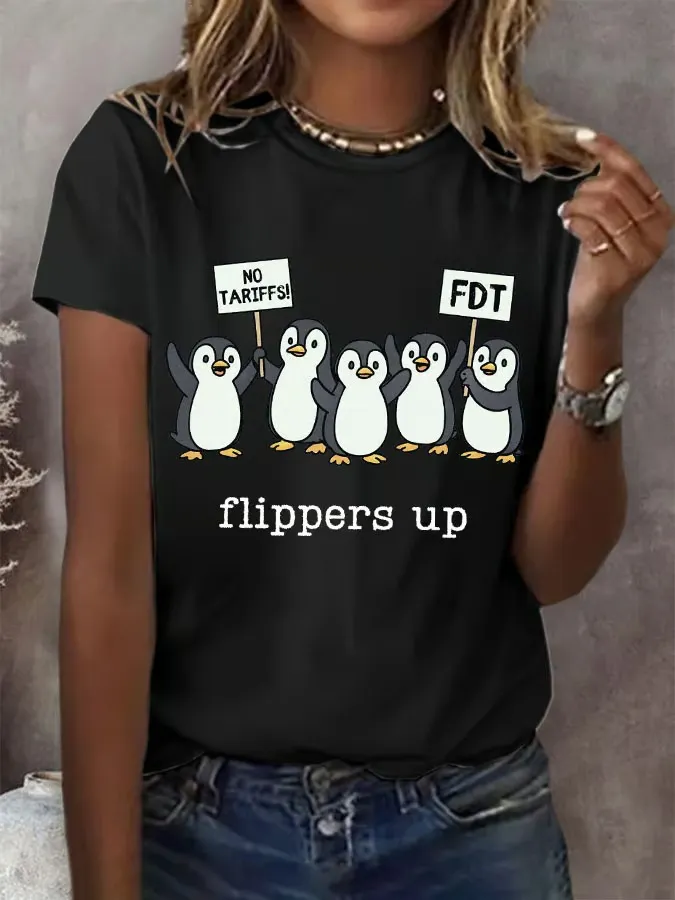 Women'S T-Shirt Women'S Penguins Flippers Up Print Round Neck T-Shirt Pure Cotton Round Collar