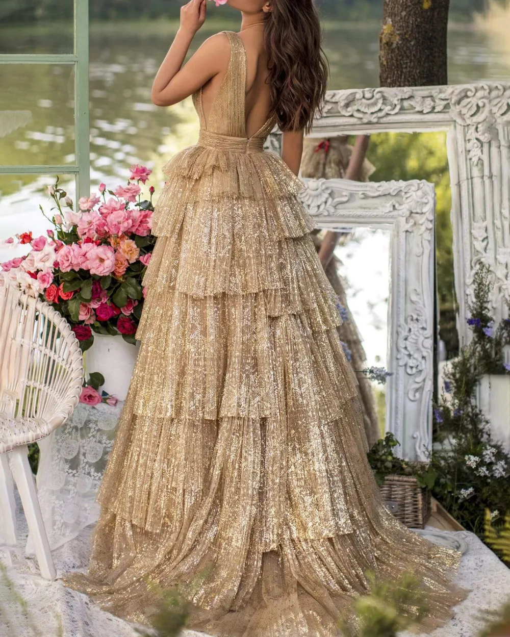 elegant layered tulle glitter v-neck maxi dress