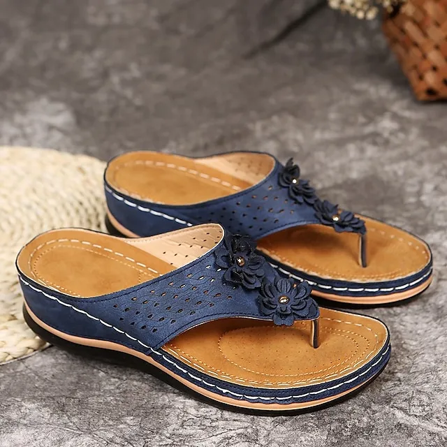Women's Sandals Slippers Boho Bohemia Beach Wedge Sandals Outdoor Slippers Daily Beach Summer Flower Wedge Heel Round Toe Vintage Casual Faux Leather Loafer Solid Color Black Pink Brown
