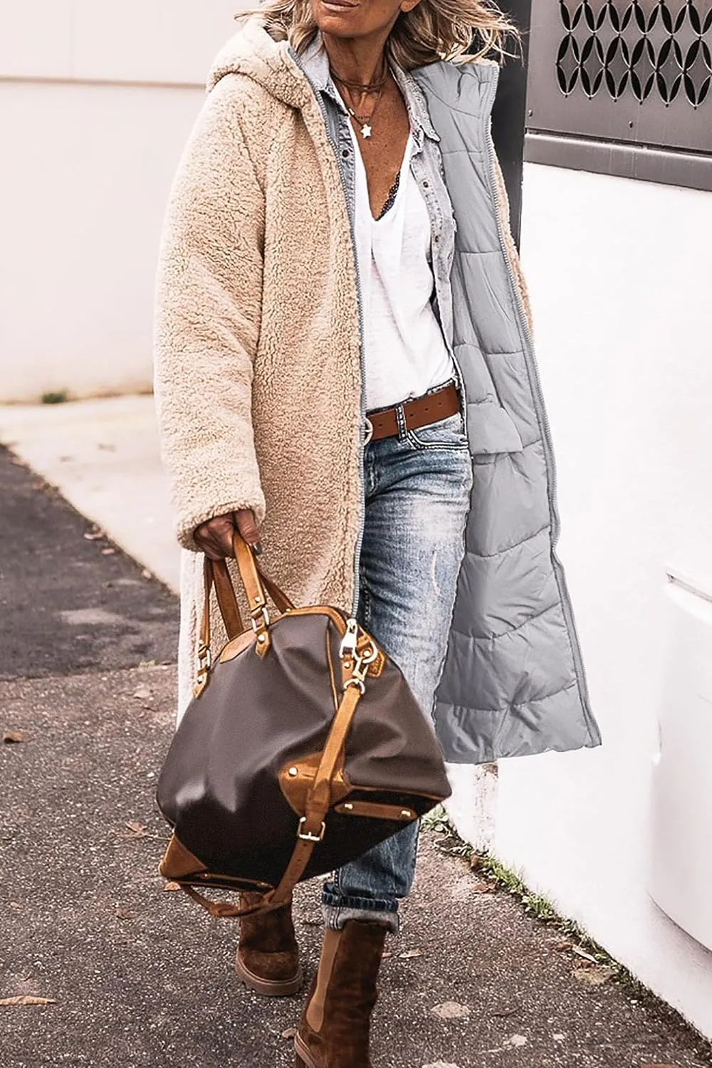 Women's Warm Winter Coats Reversible Sherpa Fleece Long Hooded Puffer Jackets Outerwear