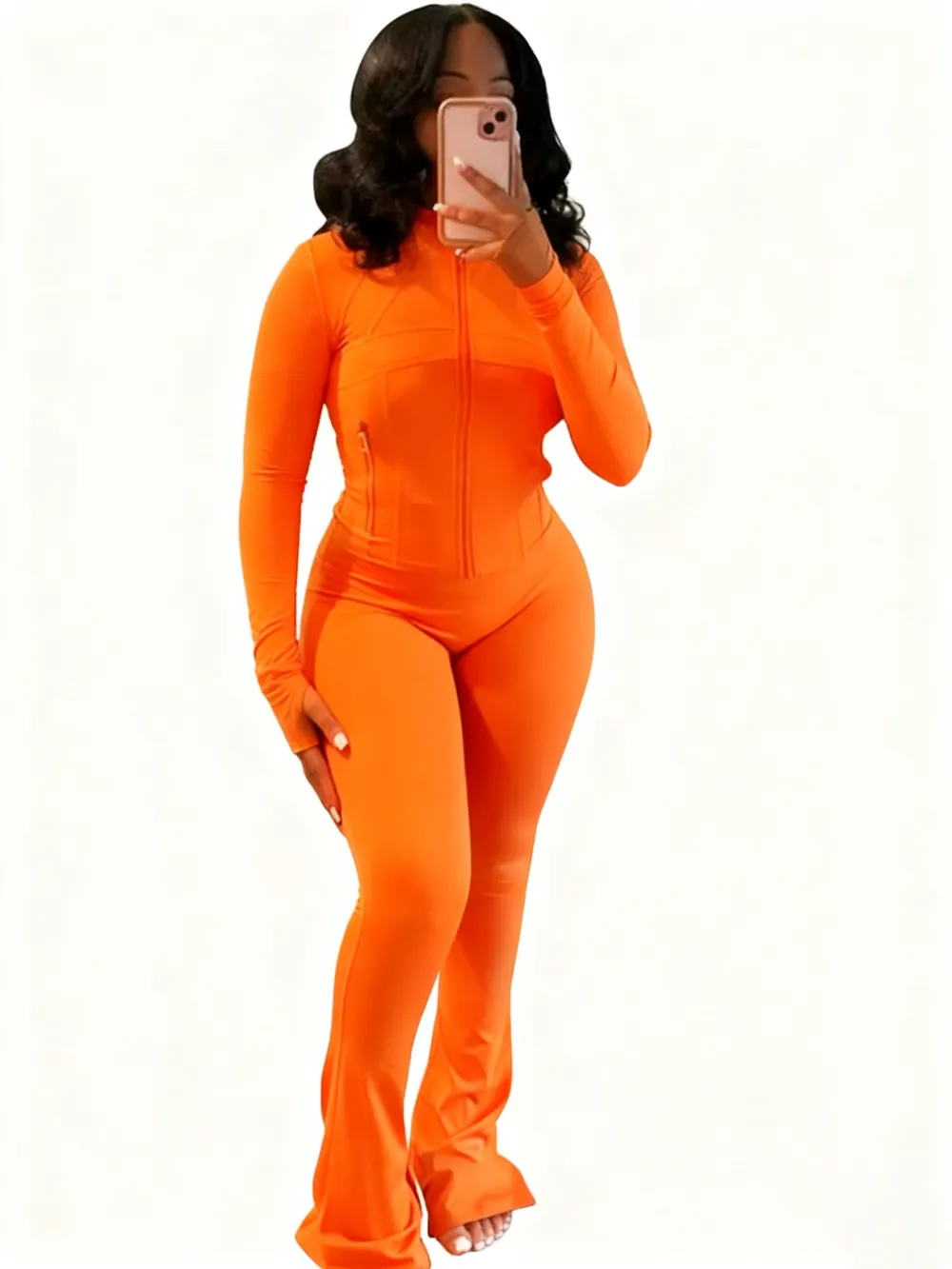 Women’s Fall/Winter 2-Piece Set: Solid Zip-Up Jacket + Flare-Leg Pants (Casual, Cozy)