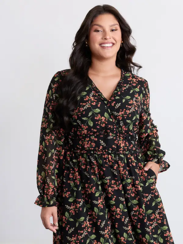 Chiffon Floral Ruffled Trim Pockets Midi Dress
