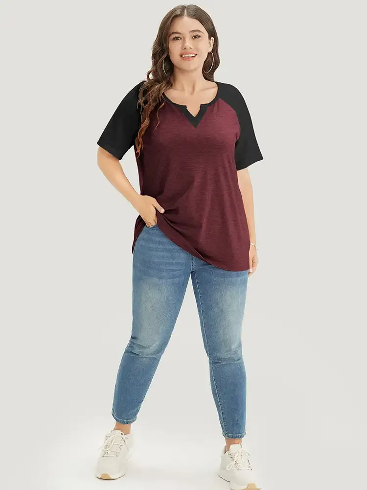 Colorblock Contrast Notched Raglan Sleeve T-shirt