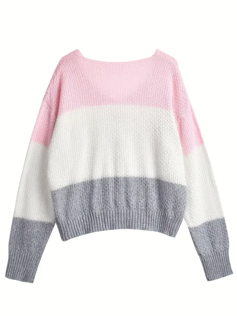 Cozy Color Block V-Neck Sweater - Soft Knit Pullover with Button Detail - Long Sleeve Casual Wear for Women