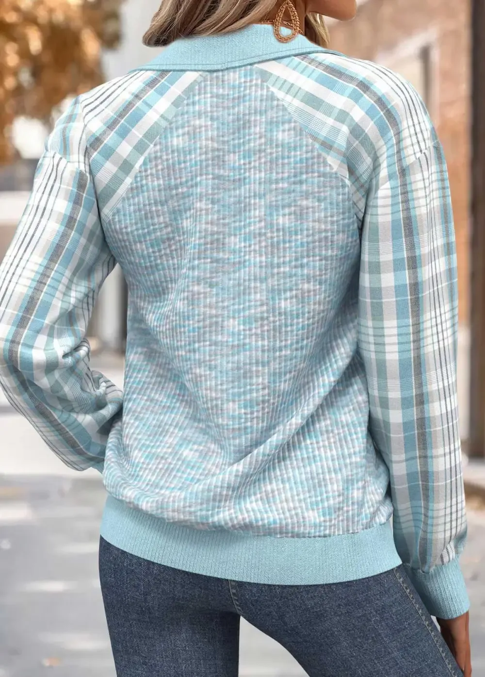Light Blue Tummy Coverage Plaid Long Sleeve Sweatshirt