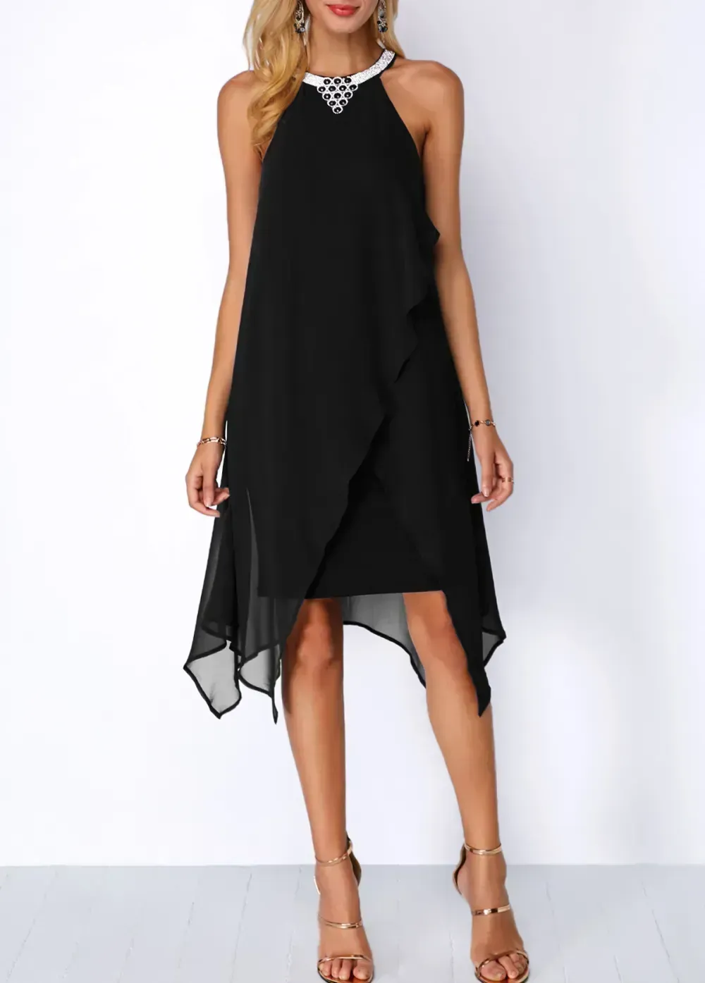 Embellished Neck Asymmetric Hem Chiffon Overlay Dress