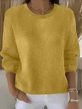 Women's Sweater Fashion Streetwear Casual Pure Color Ribbed Crew Neck Knitted Long Sleeve Regular Tops Knit Outdoor Daily Weekend Yellow Pink Fall Winter