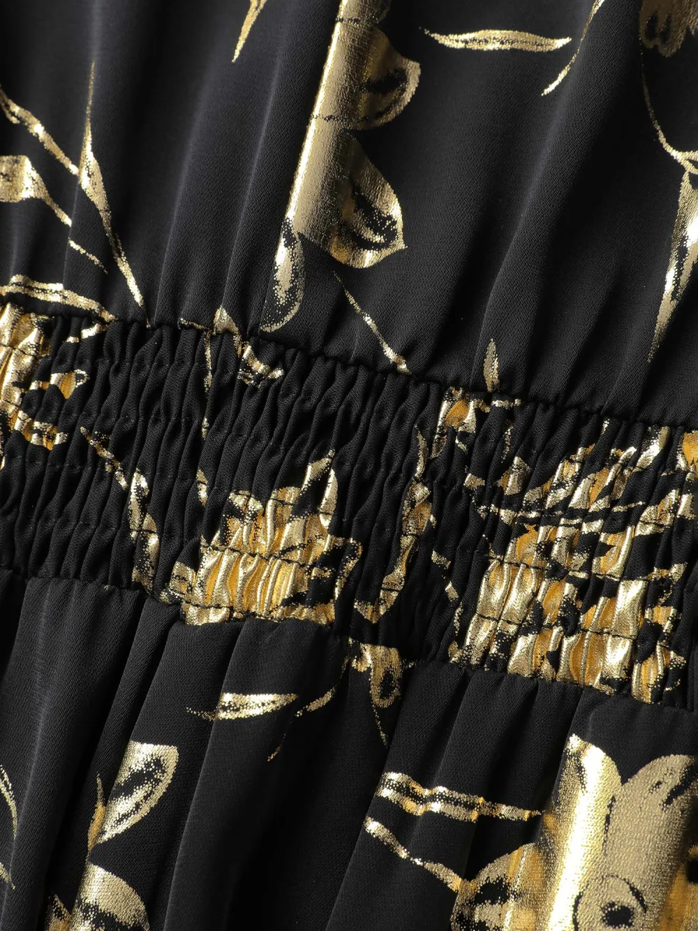 Gold Stamp Shirred Back-Waist Maxi Dress