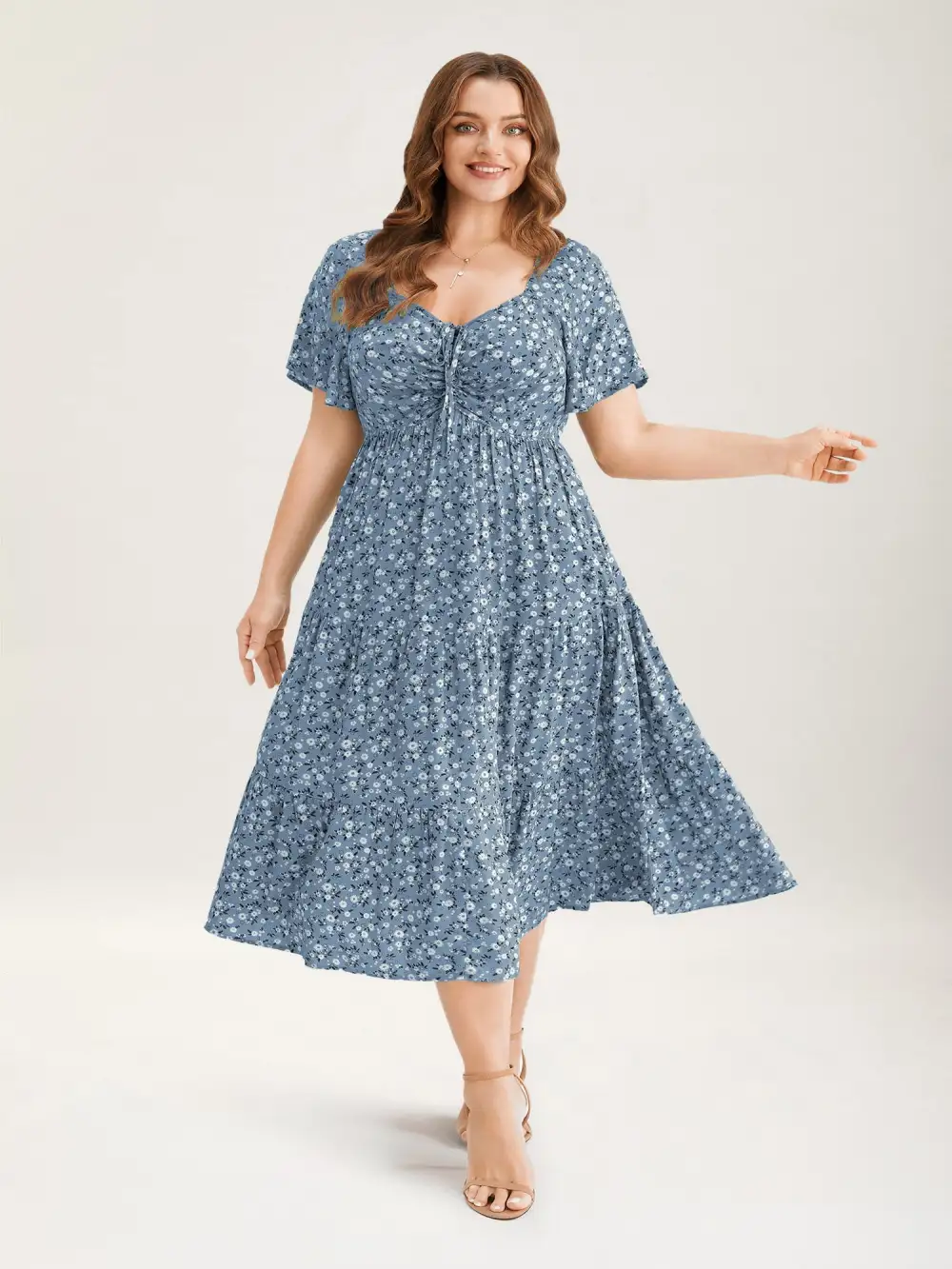 Ditsy Floral Sweetheart Drawstring Pocket Tiered Dress