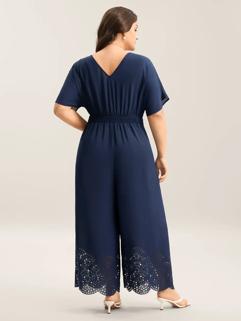Laser-Cut Hem Shirred Wide-Leg Jumpsuit