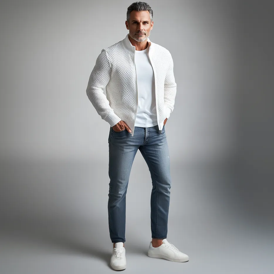 Men's Stand Collar Long Sleeve Hollow Out Knitted Zip Up Jacket