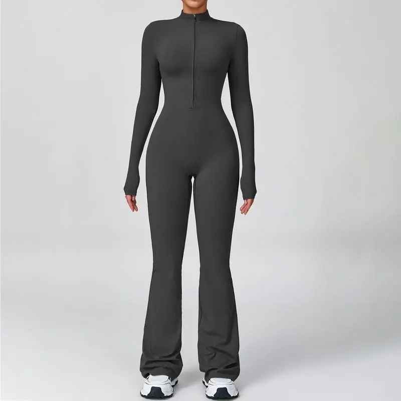 Women's Long Sleeve Flared Jumpsuit – Zipper Wide Leg Activewear for Gym & Casual Wear
